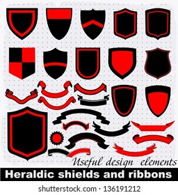 Heraldic shields and ribbons. Vector Set of retro badges, labels, ribbons and design elements.