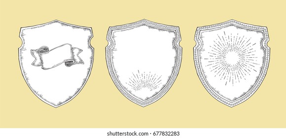 Heraldic shields. Vintage elements decorative set. Heraldic sign. Hand drawn Line art. Vector illustration.