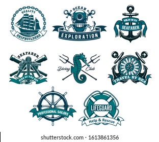 Heraldic ship anchor and helm vector icons, captain spyglass and frigate sailboat, aqualung and lifeguard buoy, seahorse and trident. Diving club, sea and ocean exploration adventure nautical icons