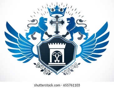 Heraldic sign composed with vector design elements like wild lion illustration, religious cross and ancient castle.