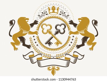 Heraldic sign created using vector elements, heraldry insignia composed with wild lion illustration, security keys and monarch crown.