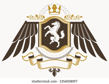 Heraldic sign made using vector vintage elements, eagle wings, horse illustration and monarch crown