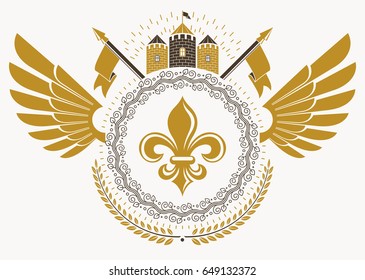 Heraldic sign made using vector vintage elements, bird wings and medieval tower