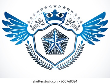 Heraldic sign made using vector elements, heraldry insignia created using monarch crown, pentagonal stars and laurel wreath