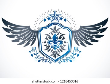 Heraldic sign made with vector elements, heraldry insignia composed with lily flower royal symbol and pentagonal stars