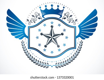 Heraldic sign made with vector elements, heraldry insignia created using monarch crown, pentagonal stars and laurel wreath