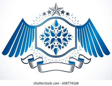 Heraldic sign, made with vector elements, heraldry emblem composed using lily flower royal symbol and decorative ribbon