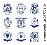 Heraldic signs, elements, heraldry emblems, insignias, signs, vectors. Classy high quality symbolic illustrations collection, vector set.