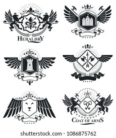 Heraldic signs, elements, heraldry emblems, insignias, signs, vectors. Classy high quality symbolic illustrations collection, vector set.