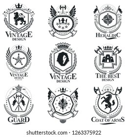 Heraldic signs, elements, heraldry emblems, insignias, signs, vectors. Classy high quality symbolic illustrations collection, vector set.