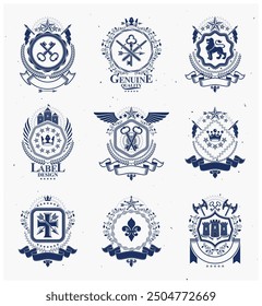 Heraldic signs, elements, heraldry emblems, insignias, signs, vectors. Classy high quality symbolic illustrations collection, vector set.