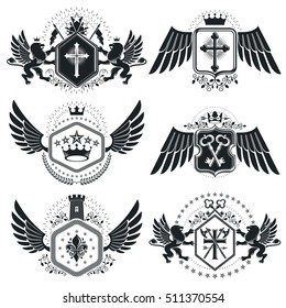 Heraldic signs, elements, heraldry emblems, insignias, signs, vectors. Classy high quality symbolic illustrations collection, vector set.