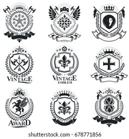 Heraldic signs, elements, heraldry emblems, insignias, signs, vectors. Classy high quality symbolic illustrations collection, vector set.