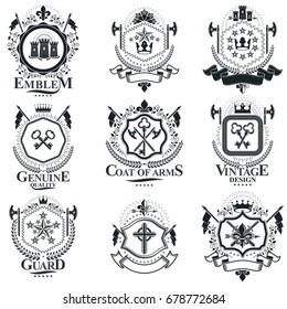 Heraldic signs, elements, heraldry emblems, insignias, signs, vectors. Classy high quality symbolic illustrations collection, vector set.