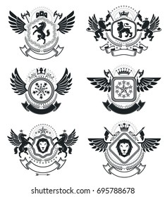 Heraldic signs, elements, heraldry emblems, insignias, signs, vectors. Classy high quality symbolic illustrations collection, vector set.