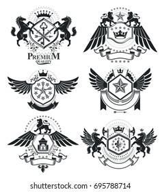 Heraldic signs, elements, heraldry emblems, insignias, signs, vectors. Classy high quality symbolic illustrations collection, vector set.
