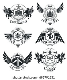 Heraldic signs, elements, heraldry emblems, insignias, signs, vectors. Classy high quality symbolic illustrations collection, vector set.