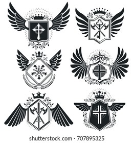 Heraldic signs, elements, heraldry emblems, insignias, signs, vectors. Classy high quality symbolic illustrations collection, vector set.