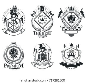 Heraldic signs, elements, heraldry emblems, insignias, signs, vectors. Classy high quality symbolic illustrations collection, vector set.