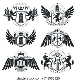 Heraldic signs, elements, heraldry emblems, insignias, signs, vectors. Classy high quality symbolic illustrations collection, vector set.