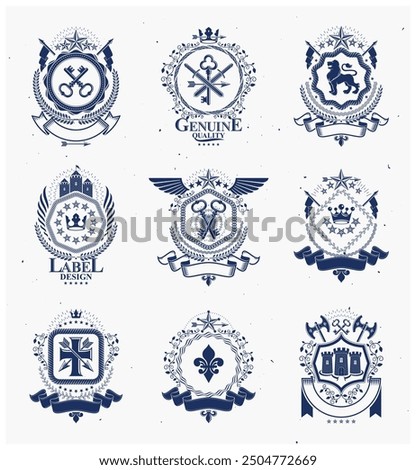 Heraldic signs, elements, heraldry emblems, insignias, signs, vectors. Classy high quality symbolic illustrations collection, vector set.