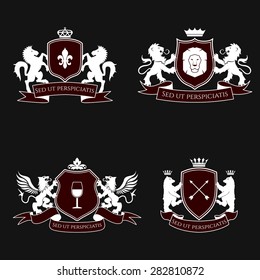 Heraldic signs, elements, insignia on black background. Vector set. Heraldic elements. Heraldic set. Heraldic signs illustration. Heraldic image.