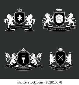 Heraldic signs, elements, insignia on grey background. Vector set. Heraldic elements. Heraldic set. Heraldic signs illustration. Heraldic image.