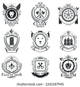 Heraldic signs vector vintage elements. Collection of symbols in vintage style.