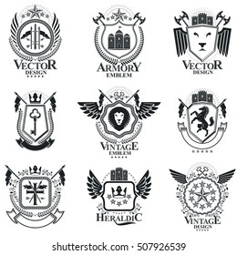Heraldic signs vector vintage elements. Collection of symbols in vintage style.