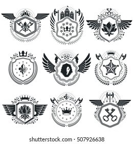 Heraldic signs vector vintage elements. Collection of symbols in vintage style.