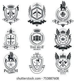 Heraldic signs vector vintage elements. Collection of symbols in vintage style.