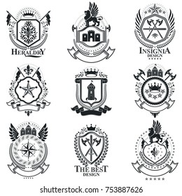 Heraldic signs vector vintage elements. Collection of symbols in vintage style.