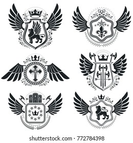 Heraldic signs vector vintage elements. Collection of symbols in vintage style.