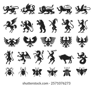 Heraldic silhouettes. Stencil mythical creatures, animals and insects. Fantasy dragon, magical unicorn, royal lion, bird, deer and bull. Coat of arms supporters, emblem creation vector set.