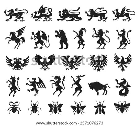 Heraldic silhouettes. Stencil mythical creatures, animals and insects. Fantasy dragon, magical unicorn, royal lion, bird, deer and bull. Coat of arms supporters, emblem creation vector set.