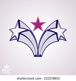 Heraldic simple 3d design element, celebrative pentagonal flying stars. Corporate brand emblem, luxury stylized object isolated on white background.