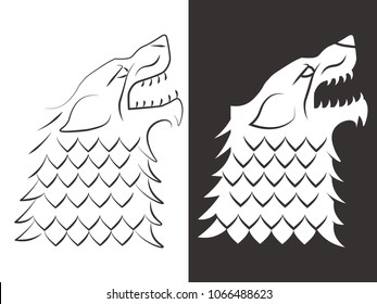 Heraldic style wolf head design. Line and silhouette wolf. Vector illustration