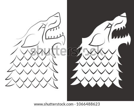 Heraldic style wolf head design. Line and silhouette wolf. Vector illustration