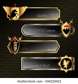 Heraldic stylish horizontal banners set with mythical animals shields edged weapon on black background isolated vector illustration