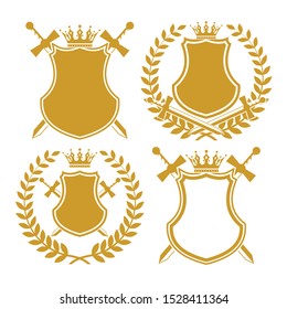 heraldic symbol icon set with shield and swords.