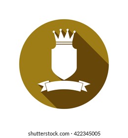 Heraldic symbol, protection shield with king crown and beautiful ribbon. Royal emblem, imperial stylish icon, for use in graphic design.