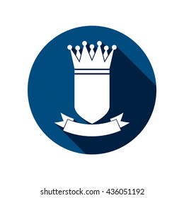 Heraldic symbol, protection shield with king crown and beautiful ribbon. Royal emblem, imperial stylish icon, for use in graphic design.