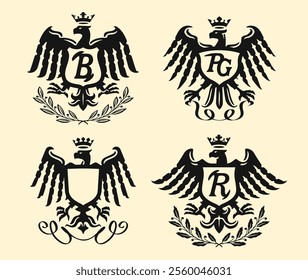 Heraldic symbol of royal power. Eagle with spread wings and shield, emblem set. Vector illustration