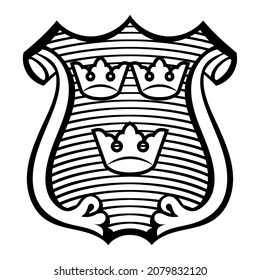 Heraldic symbol of Sweden, shield and three crowns, isolated on white, vector illustration