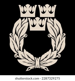 Heraldisches Symbol Schwedens. Drei königliche Kronen und ein Lorbeerkranz einzeln auf Schwarz, Vektorgrafik