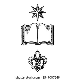 Heraldic Symbols - Book, Flower, Star. Knowledge And Family History In Gerb Motive. Vector Illustration.