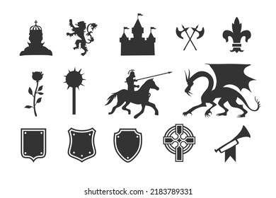 Heraldic symbols and elements. Medieval clip art silhouettes. Vector illustration