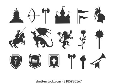 Heraldic symbols and elements. Medieval clip art silhouettes. Vector illustration