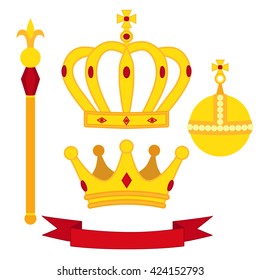 Heraldic symbols, monarch set. Royal traditions combination. Two crowns, banner, the orb and the scepter. Flat isolated vector illustration.