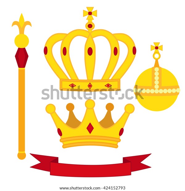 Heraldic symbols, monarch set. Royal
traditions combination. Two crowns, banner, the orb and the
scepter. Flat isolated vector
illustration.
